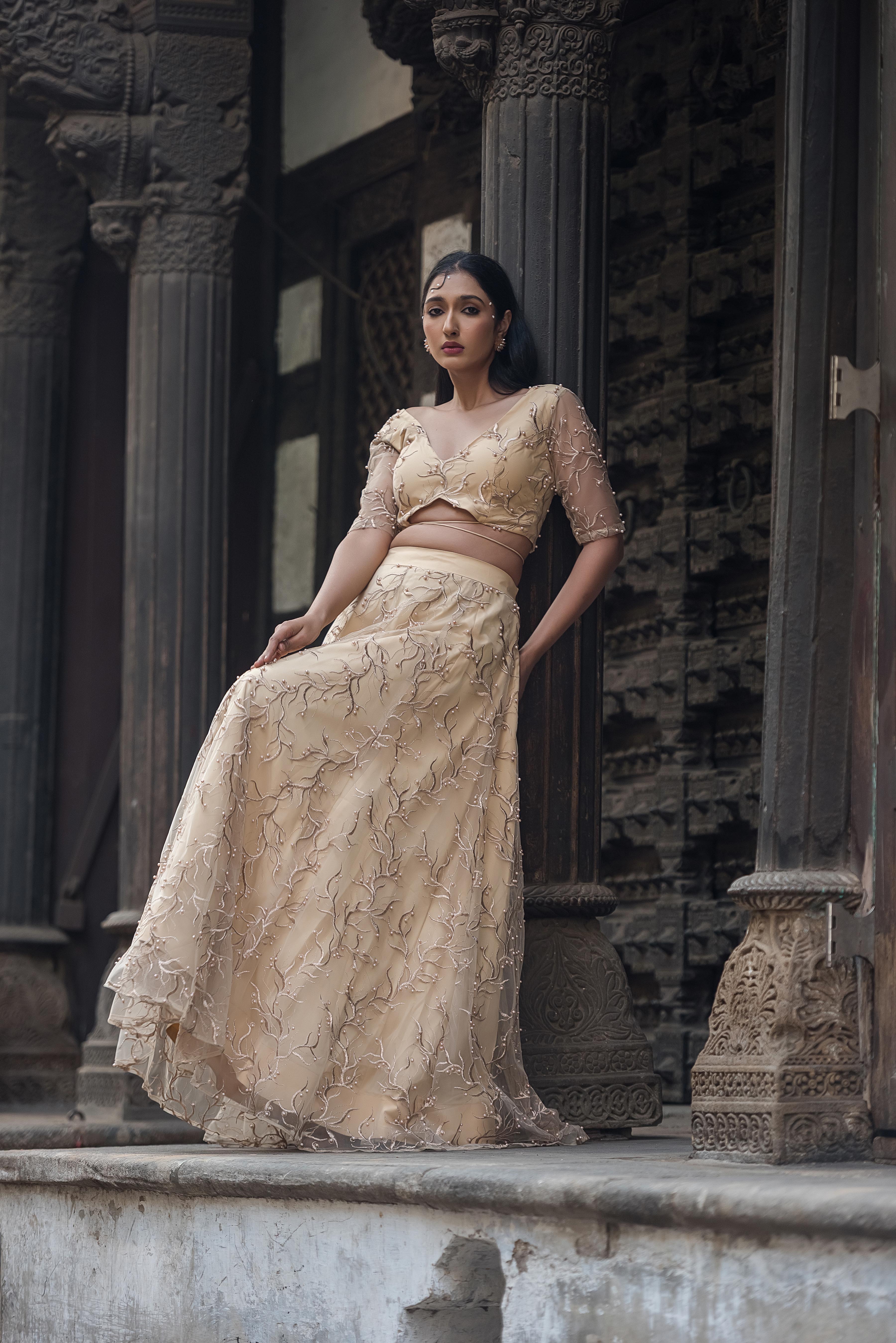 Aurelia Champagne Pearl Embroidered Lehenga Set