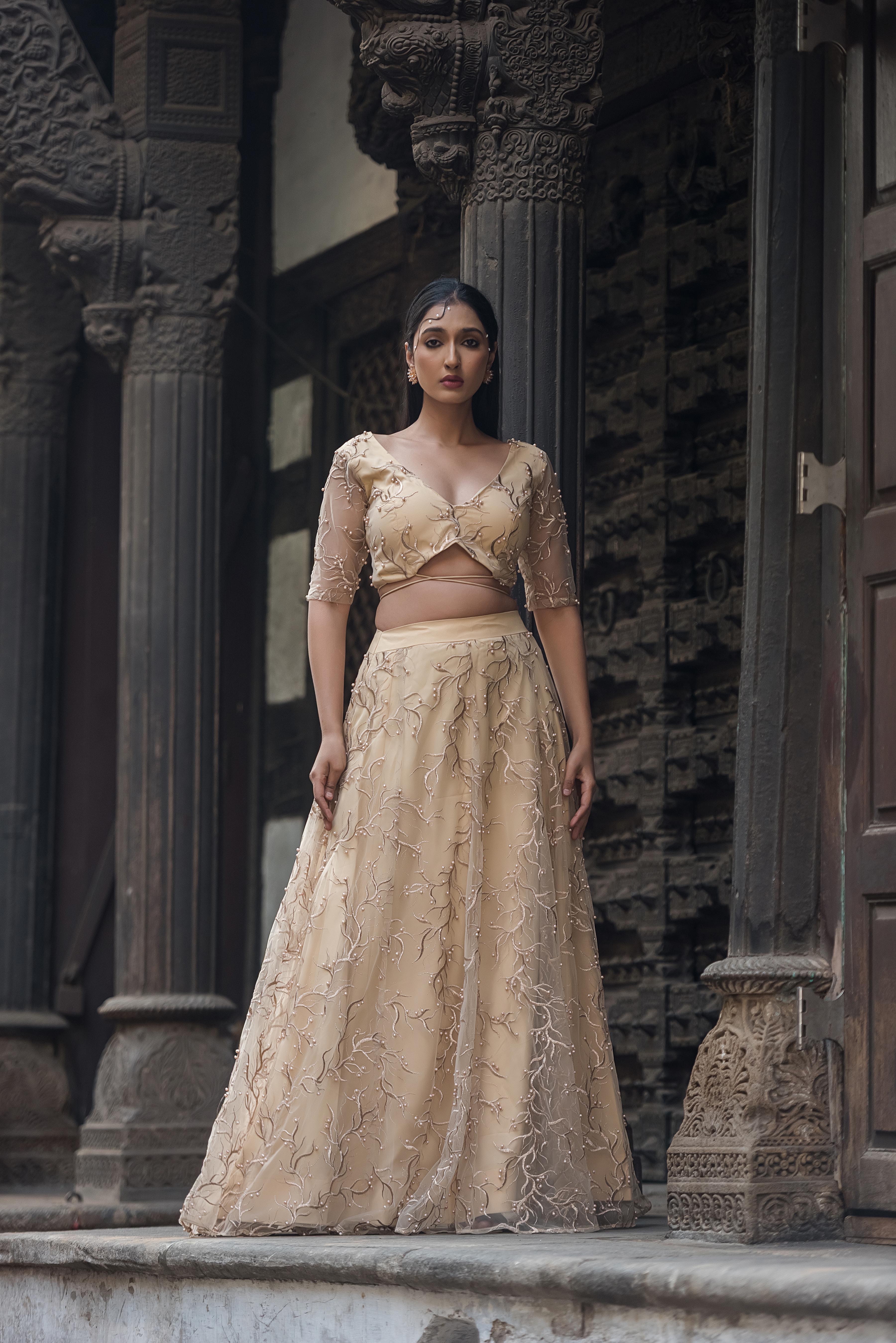 Aurelia Champagne Pearl Embroidered Lehenga Set