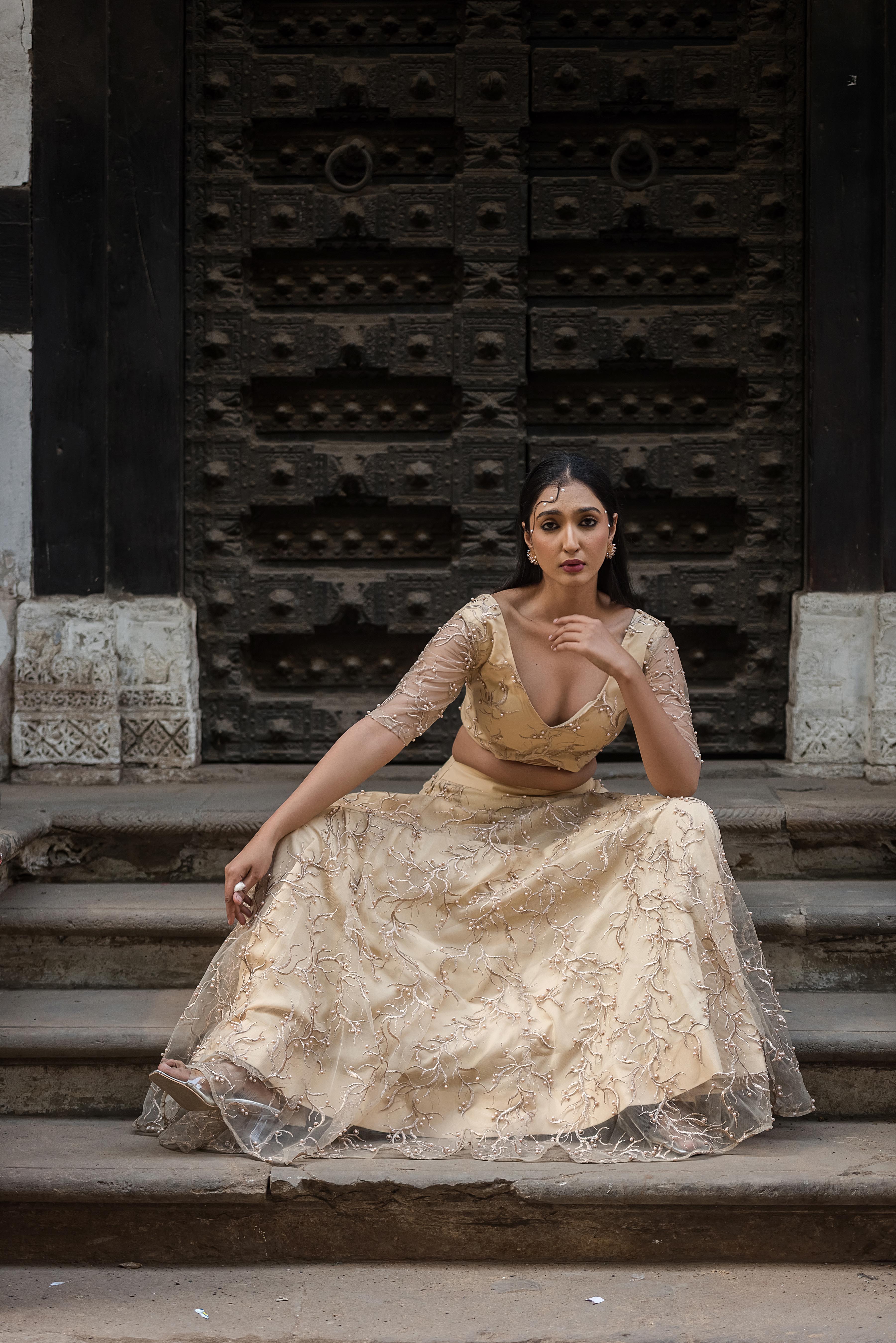 Aurelia Champagne Pearl Embroidered Lehenga Set
