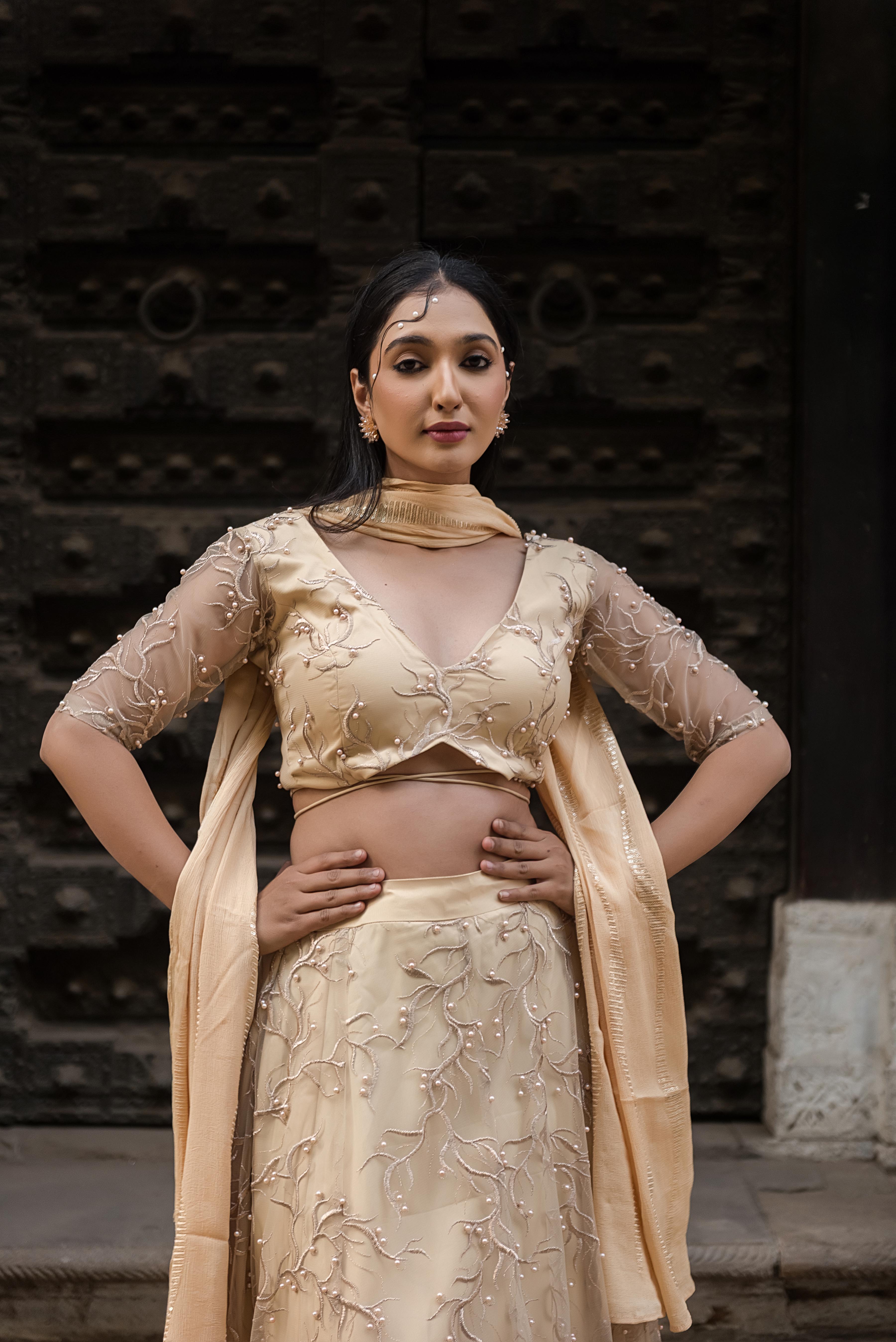 Aurelia Champagne Pearl Embroidered Lehenga Set