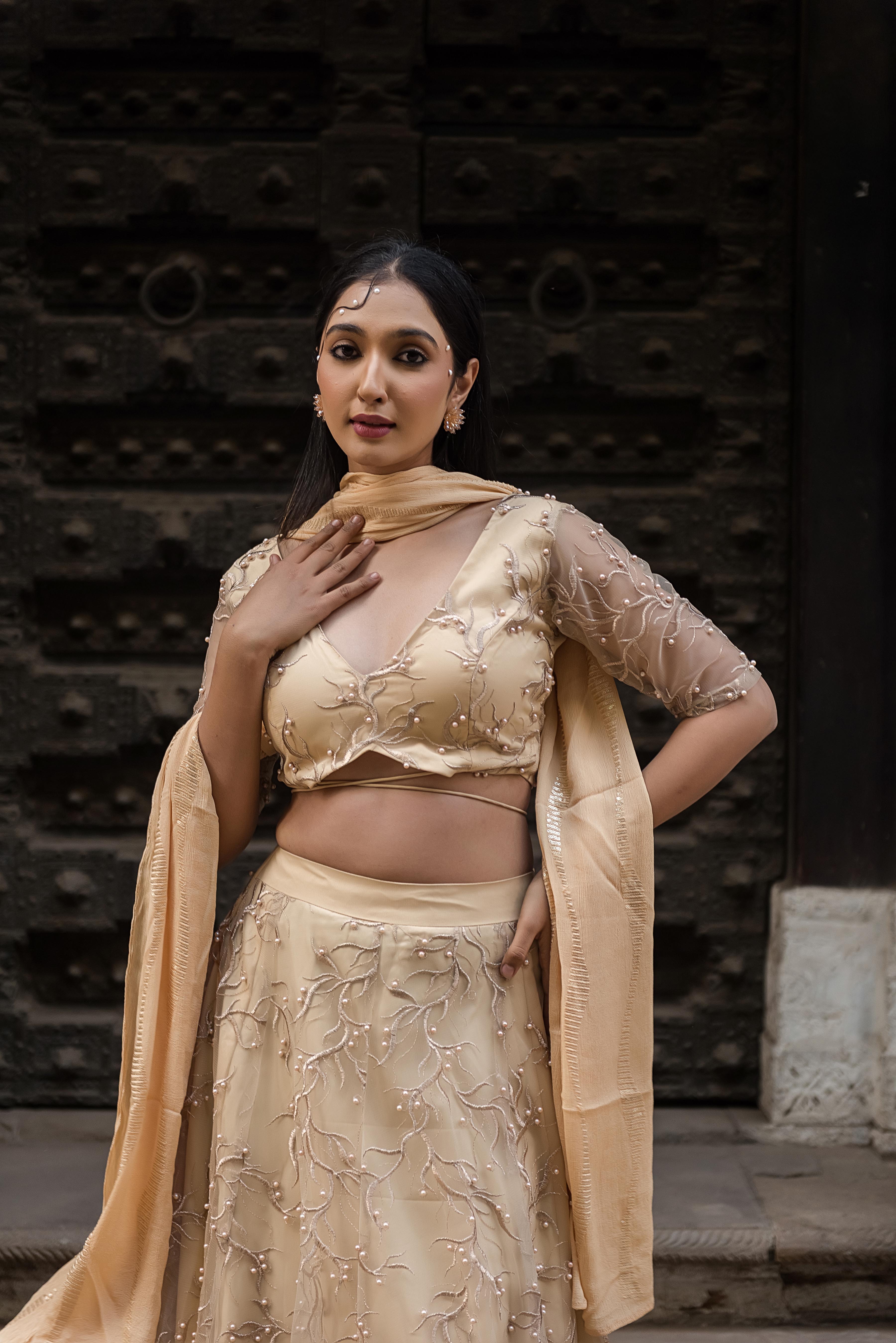 Aurelia Champagne Pearl Embroidered Lehenga Set