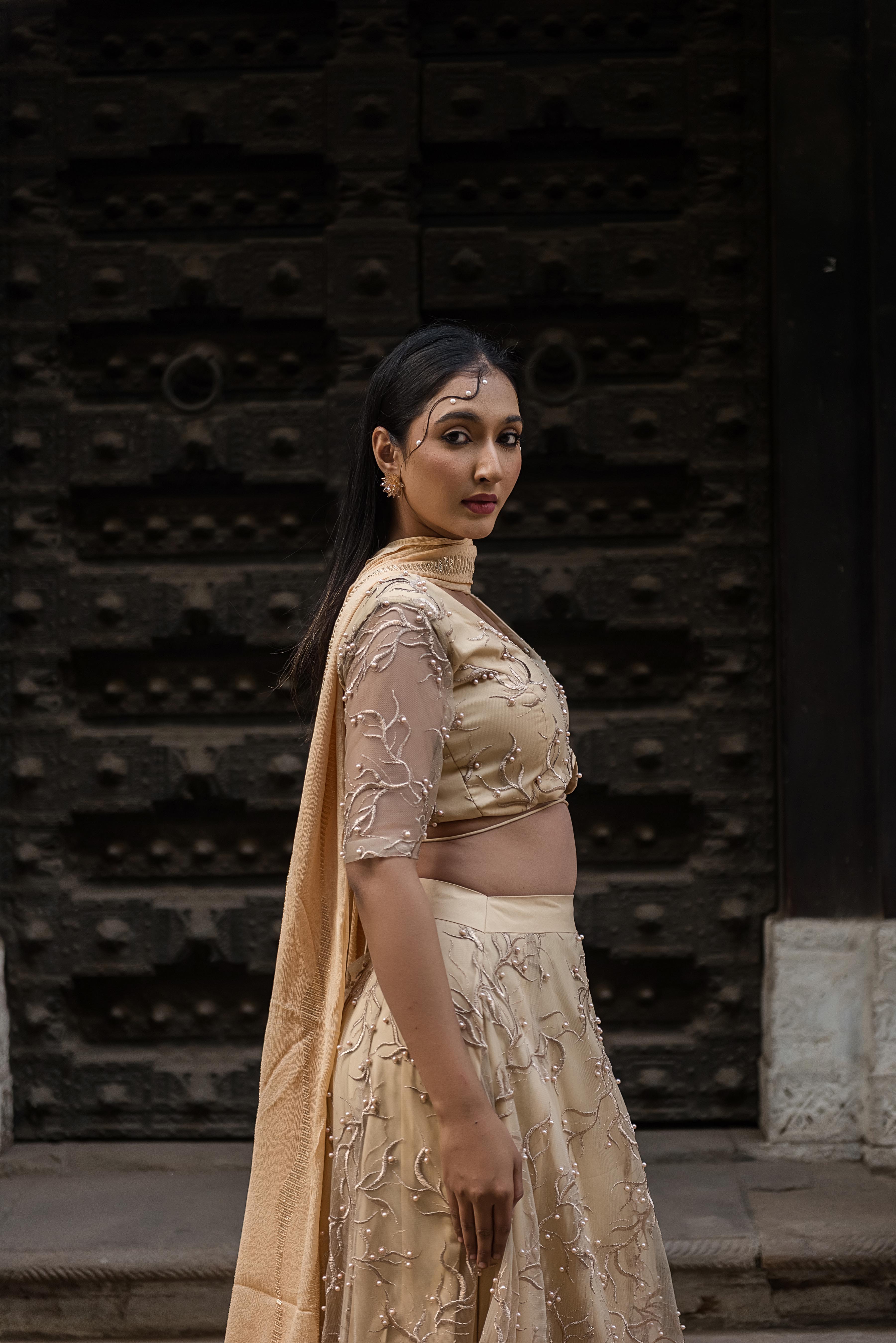 Aurelia Champagne Pearl Embroidered Lehenga Set