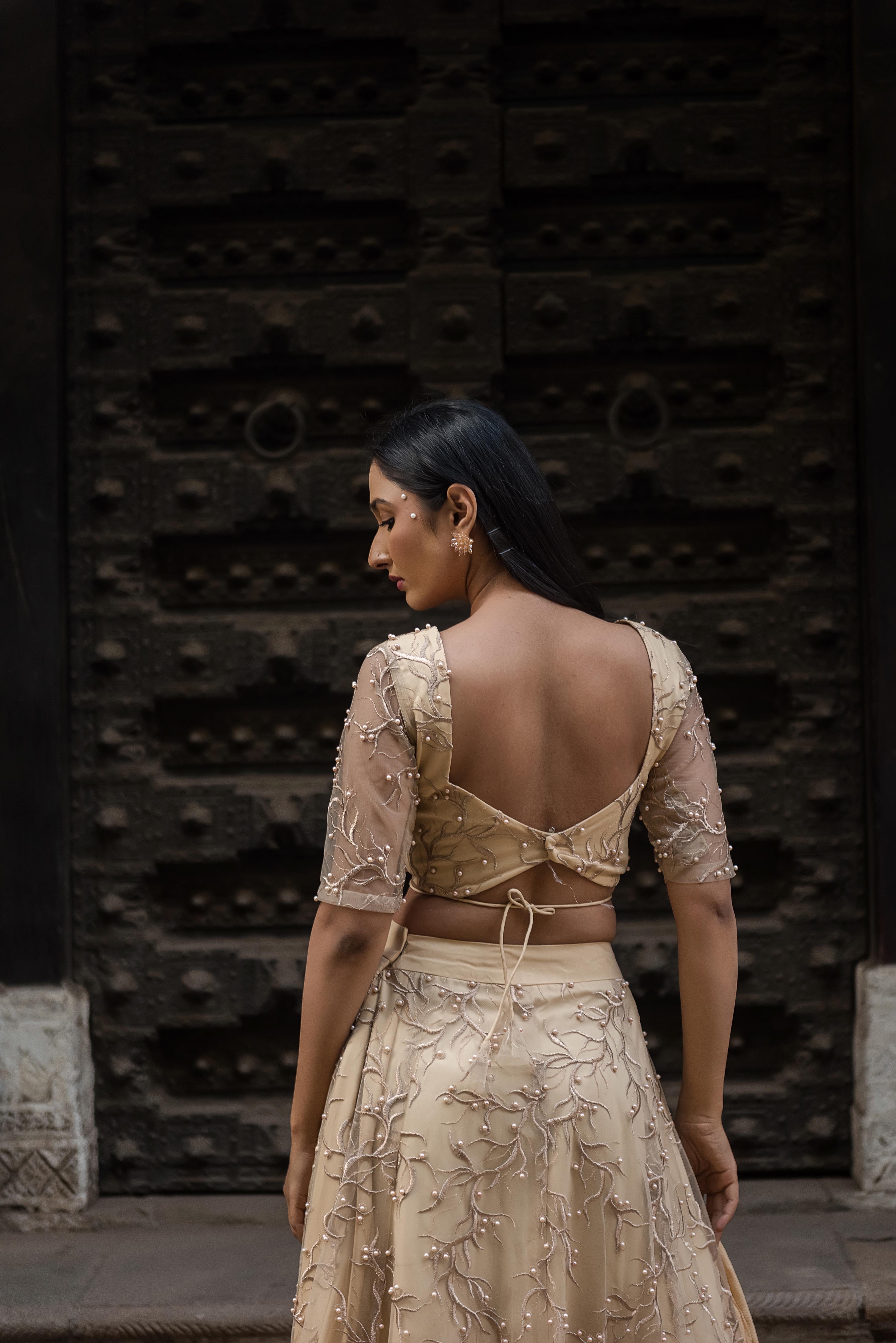 Aurelia Champagne Pearl Embroidered Lehenga Set