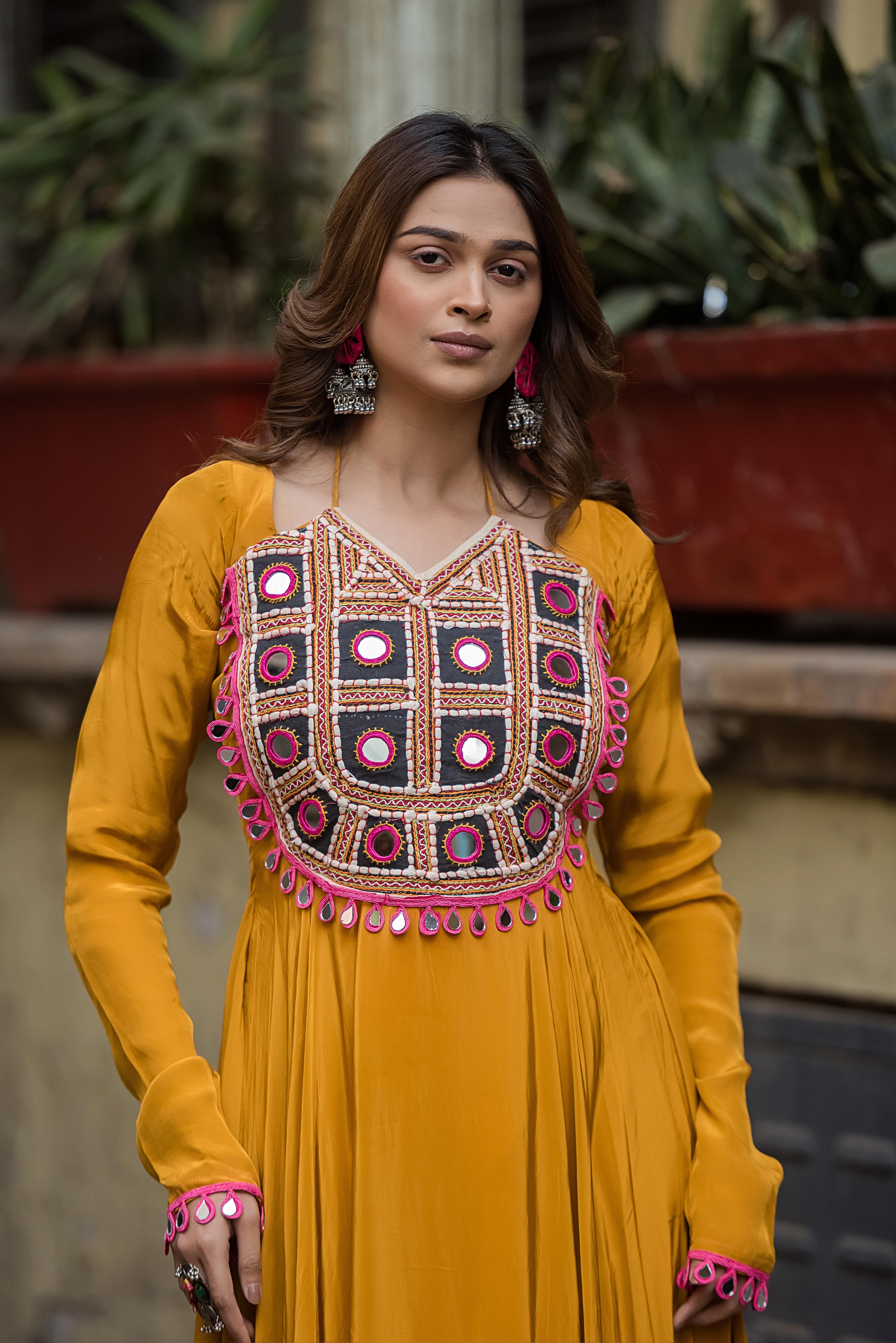 Haldi Kutch Mirror Work Anarkali Dress