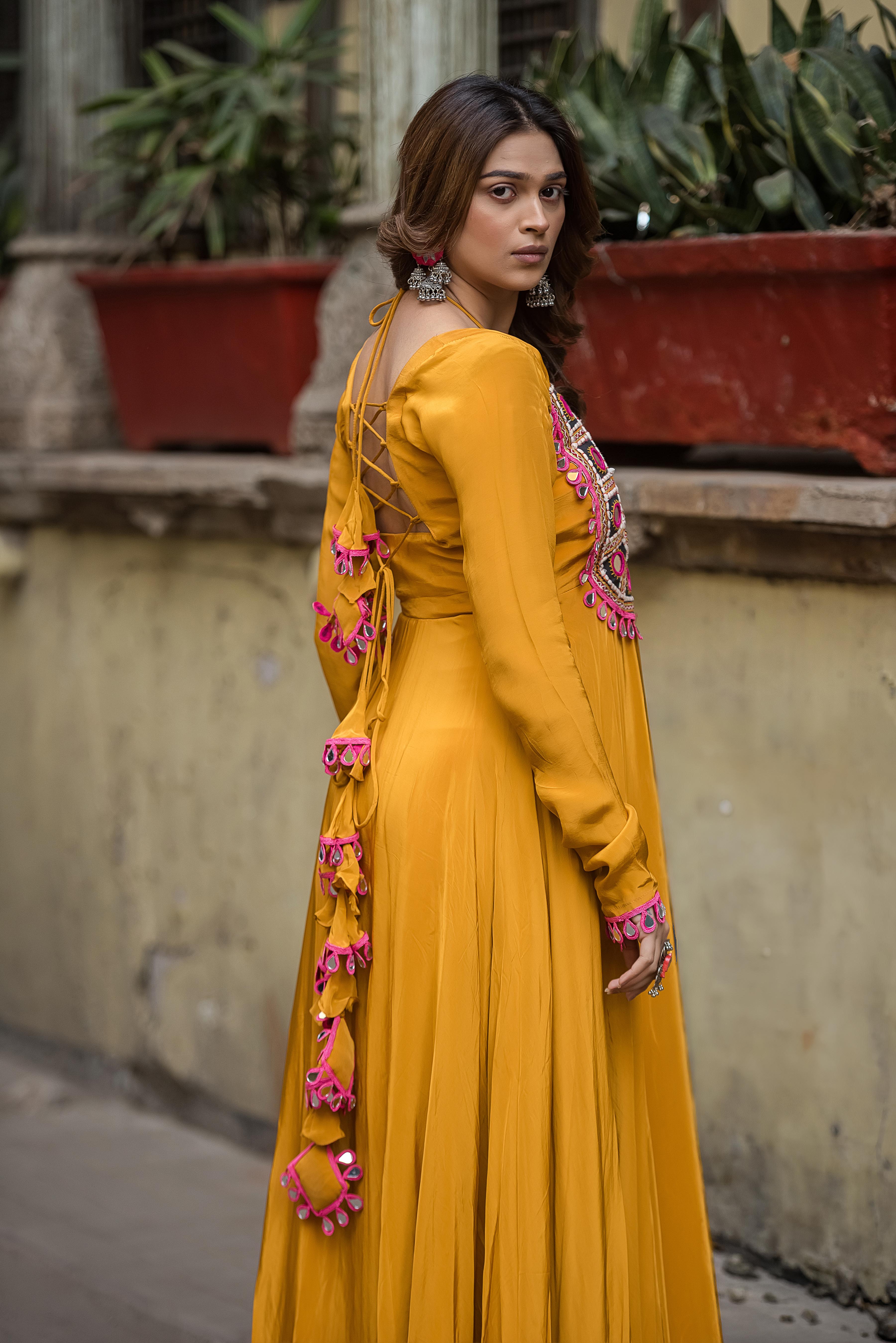 Haldi Kutch Mirror Work Anarkali Dress
