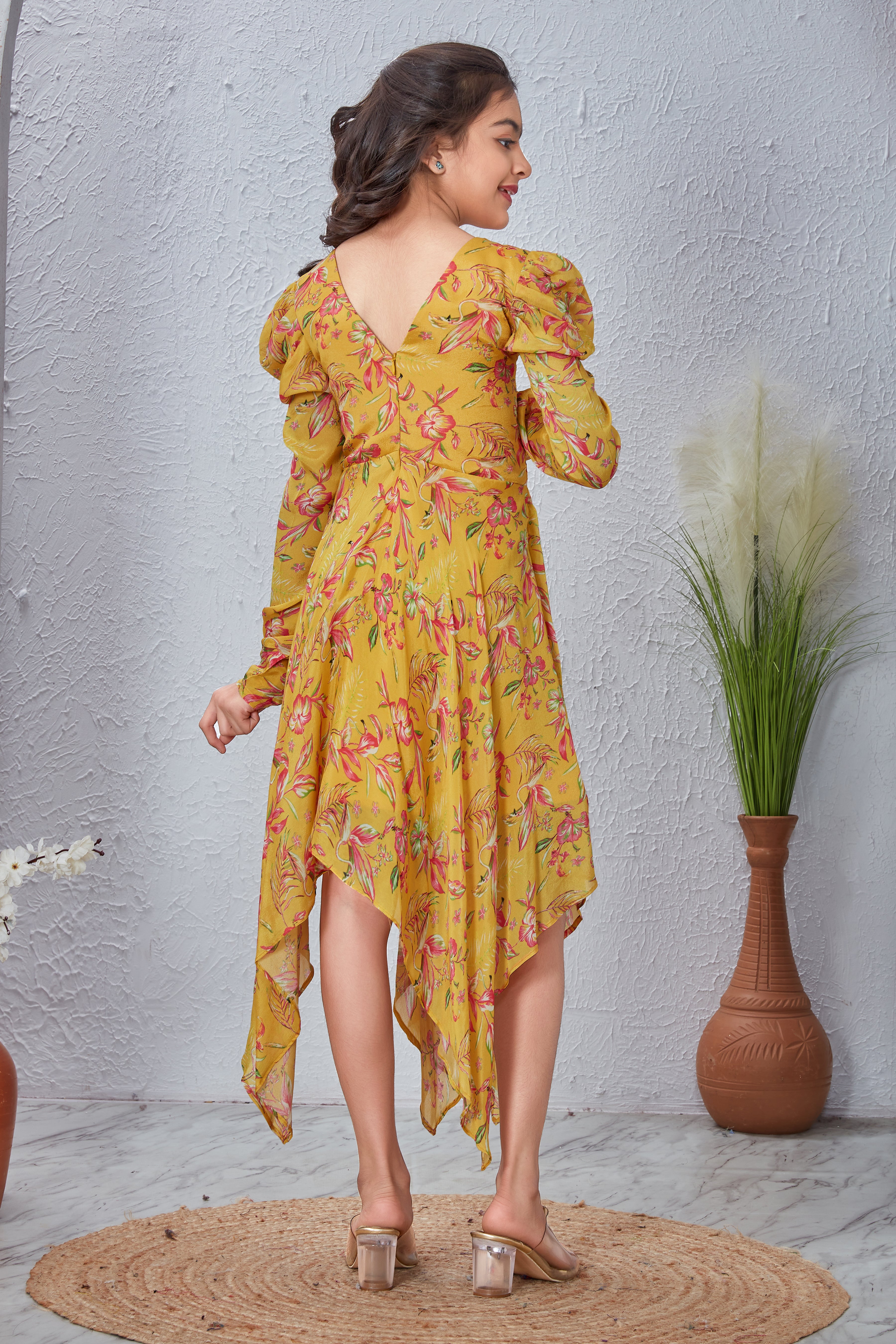 Sunshine Yellow Floral V-Neck Fit & Flare Dress