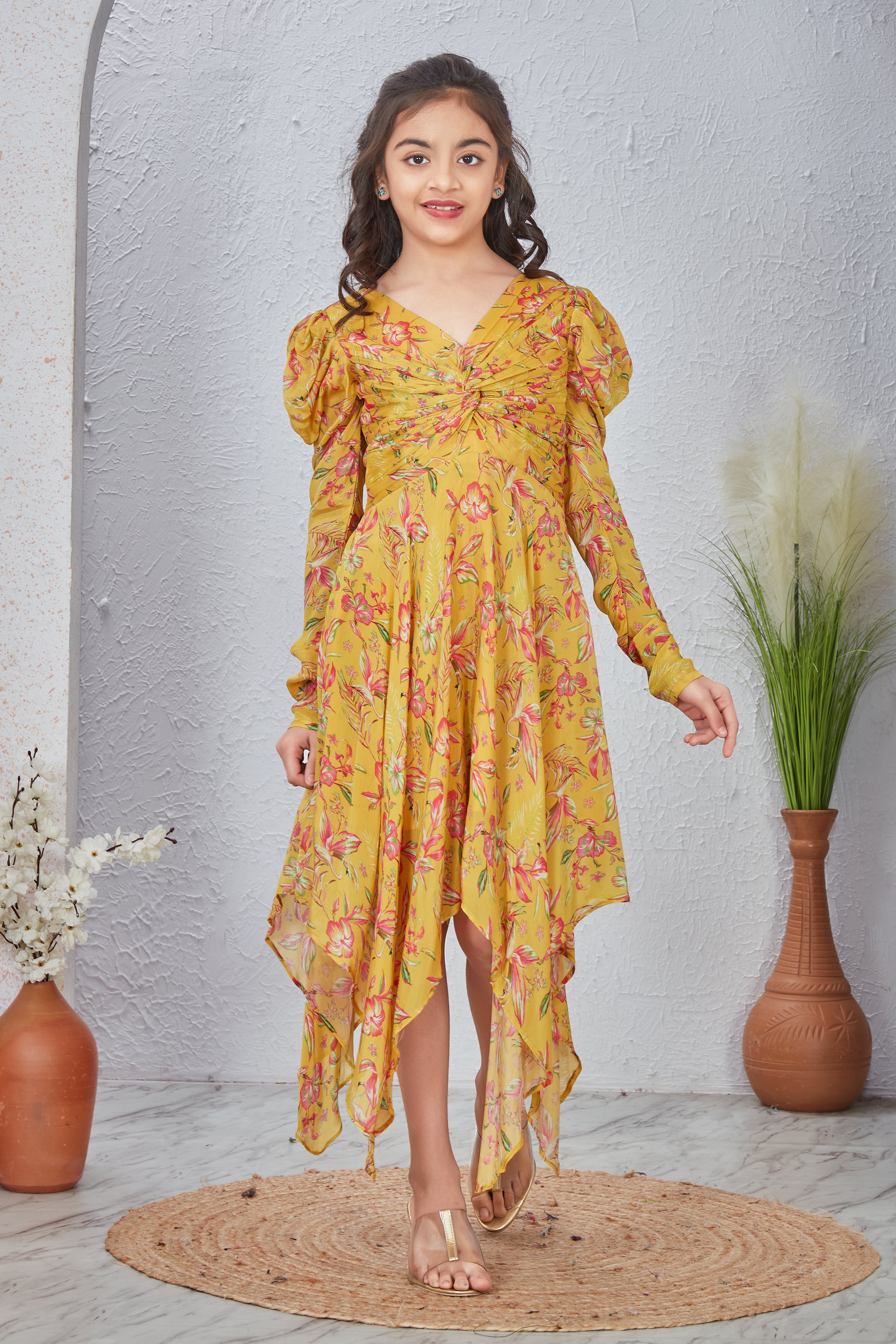 Sunshine Yellow Floral V-Neck Fit & Flare Dress