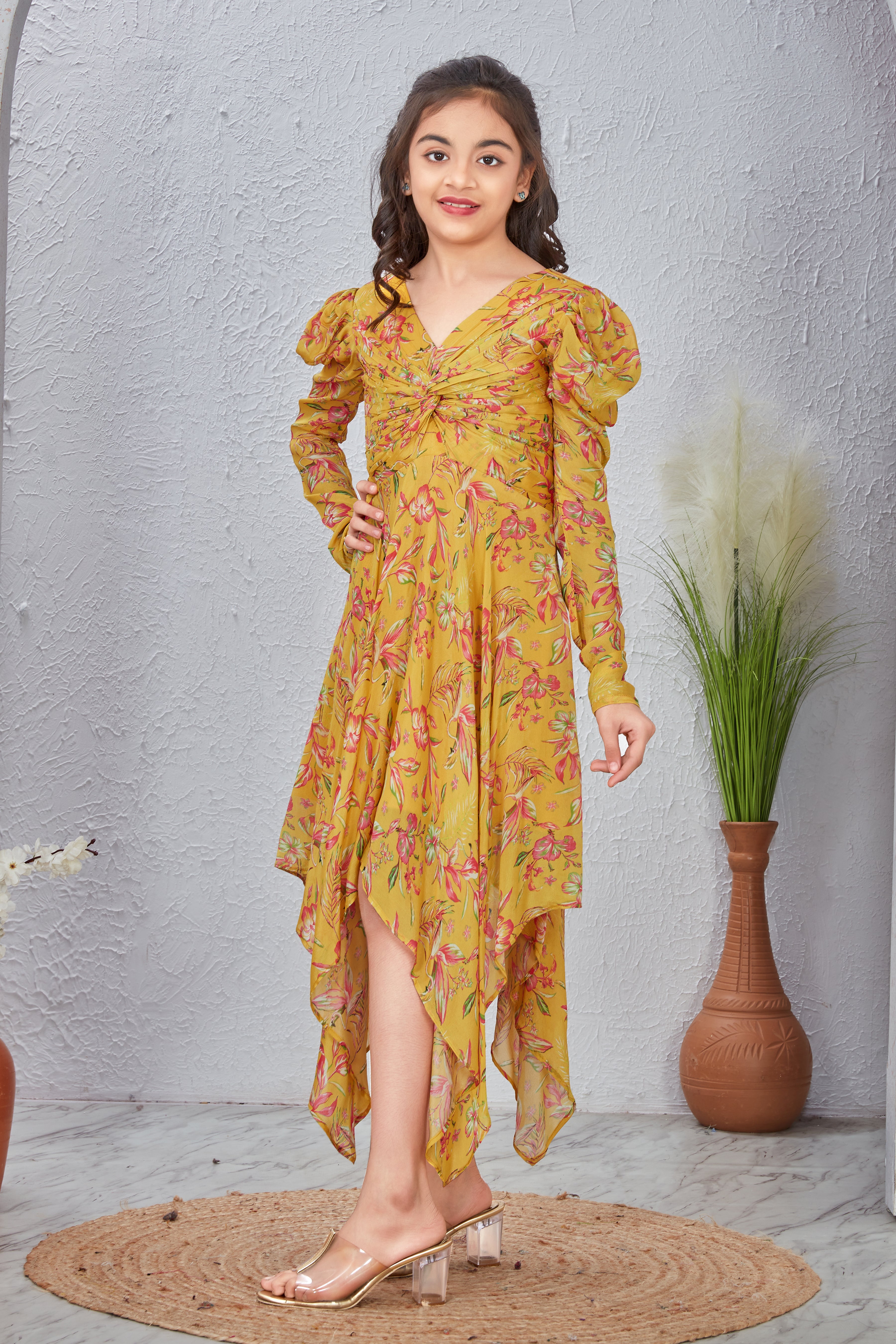 Sunshine Yellow Floral V-Neck Fit & Flare Dress