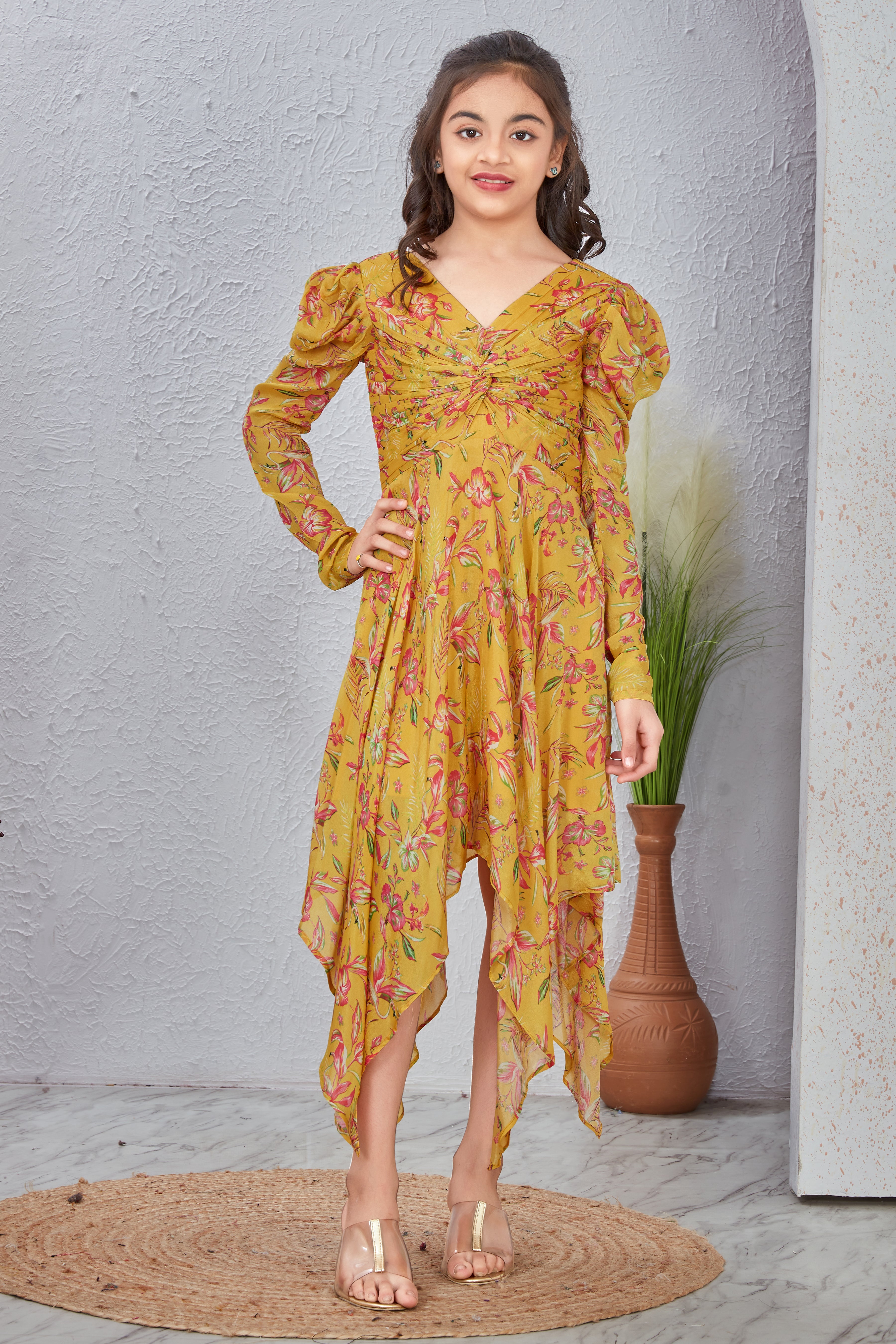 Sunshine Yellow Floral V-Neck Fit & Flare Dress