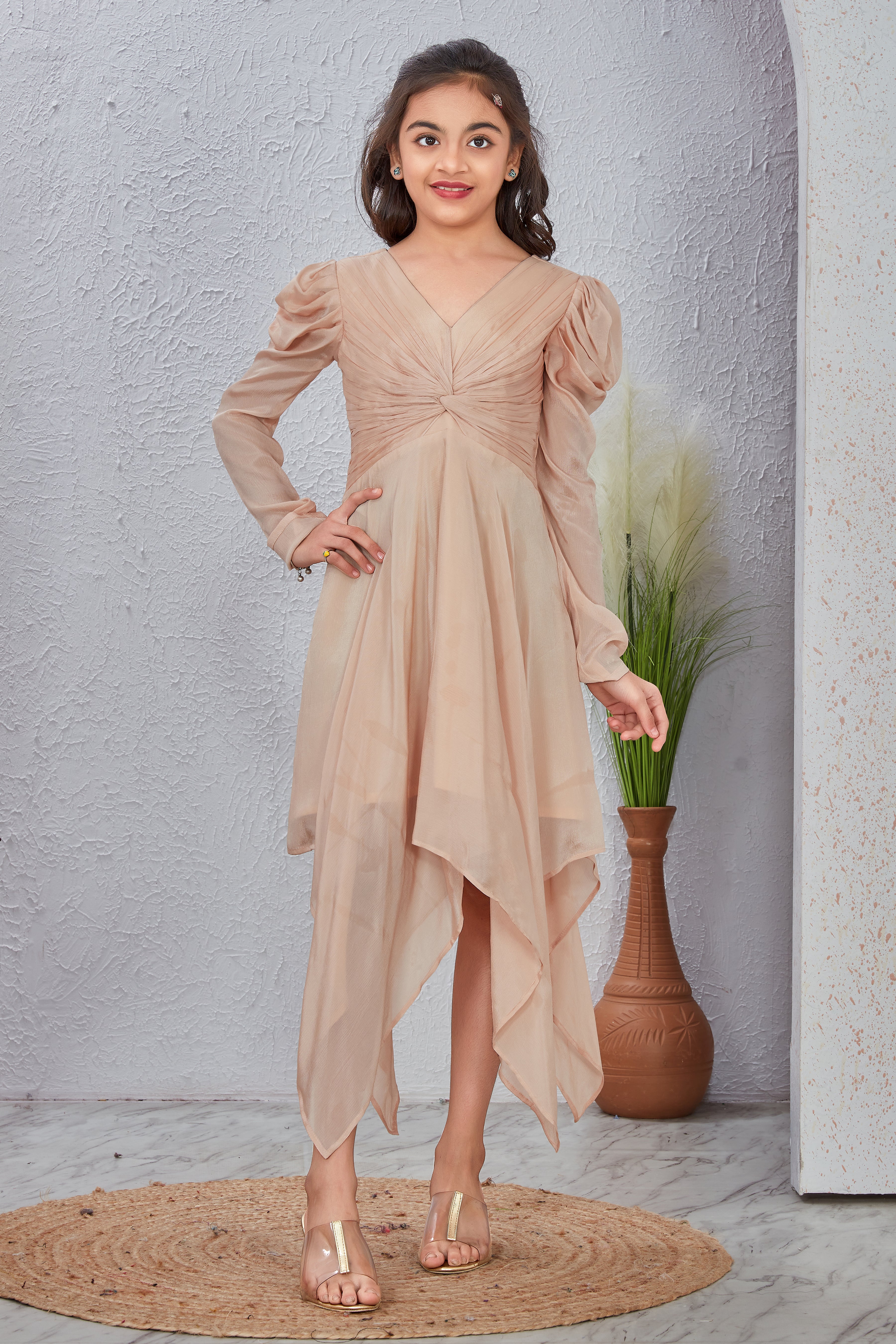 Beige V-Neck Fit & Flare Dress