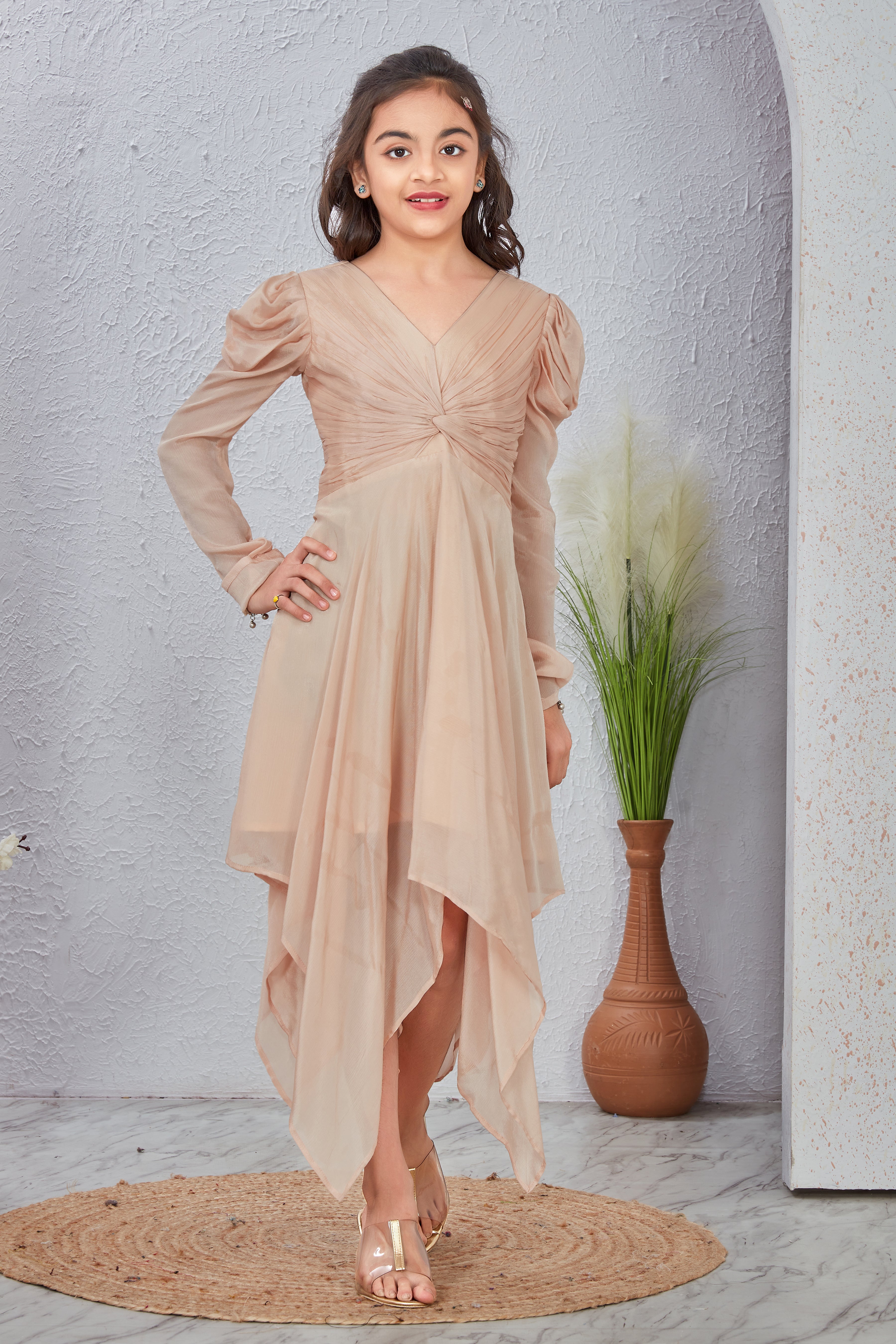 Beige V-Neck Fit & Flare Dress