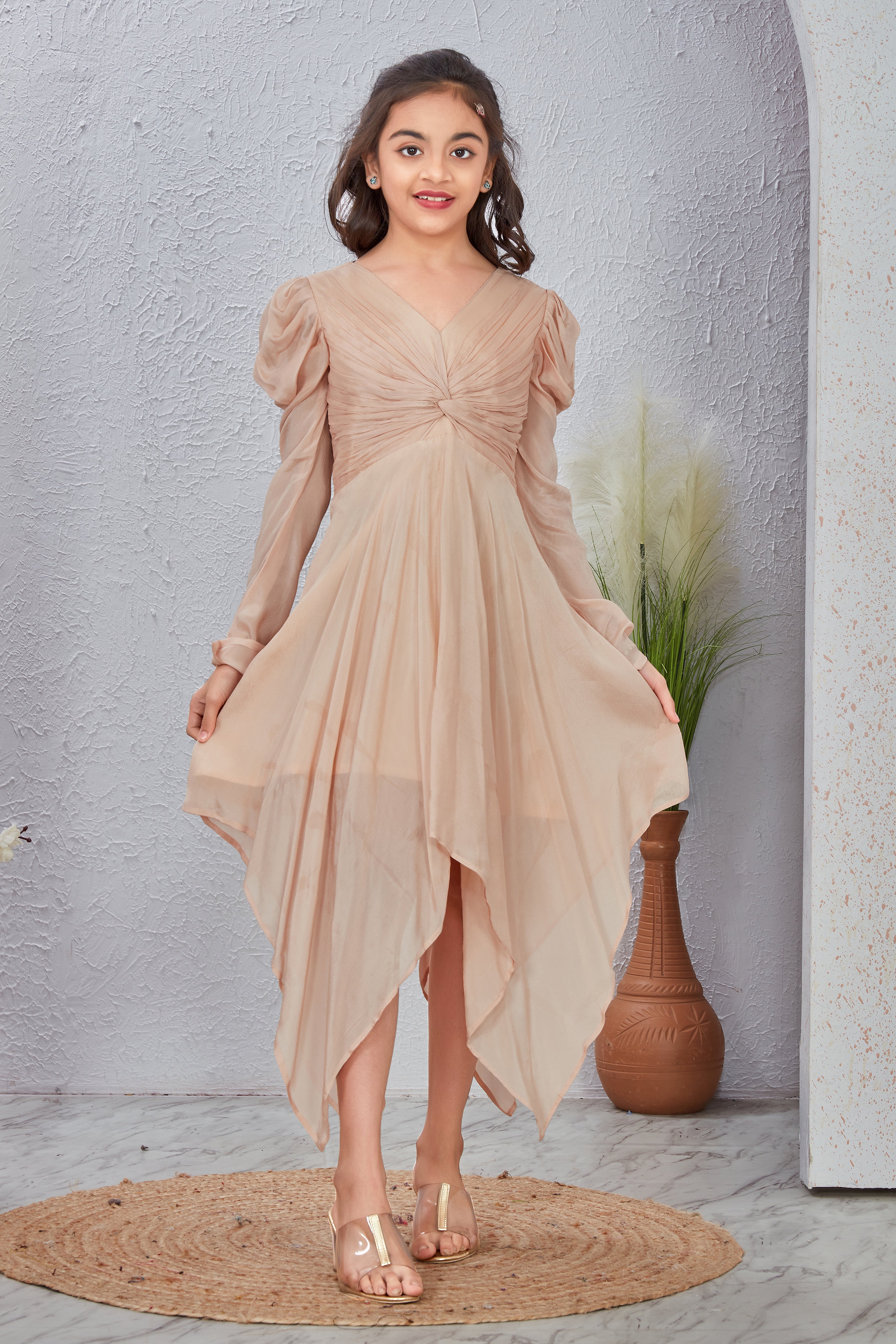 Beige V-Neck Fit & Flare Dress