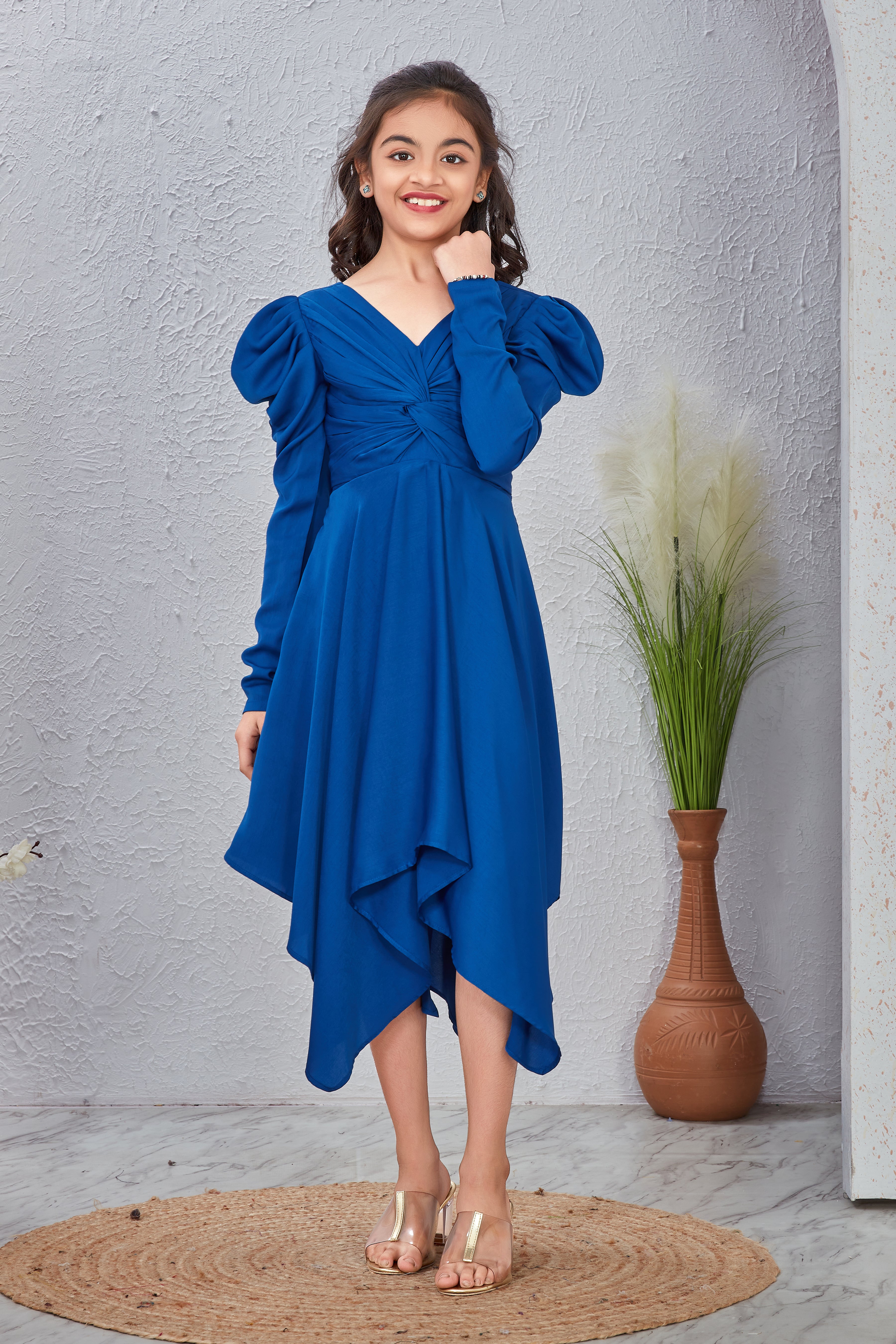 Blue V-Neck Fit & Flare Dress