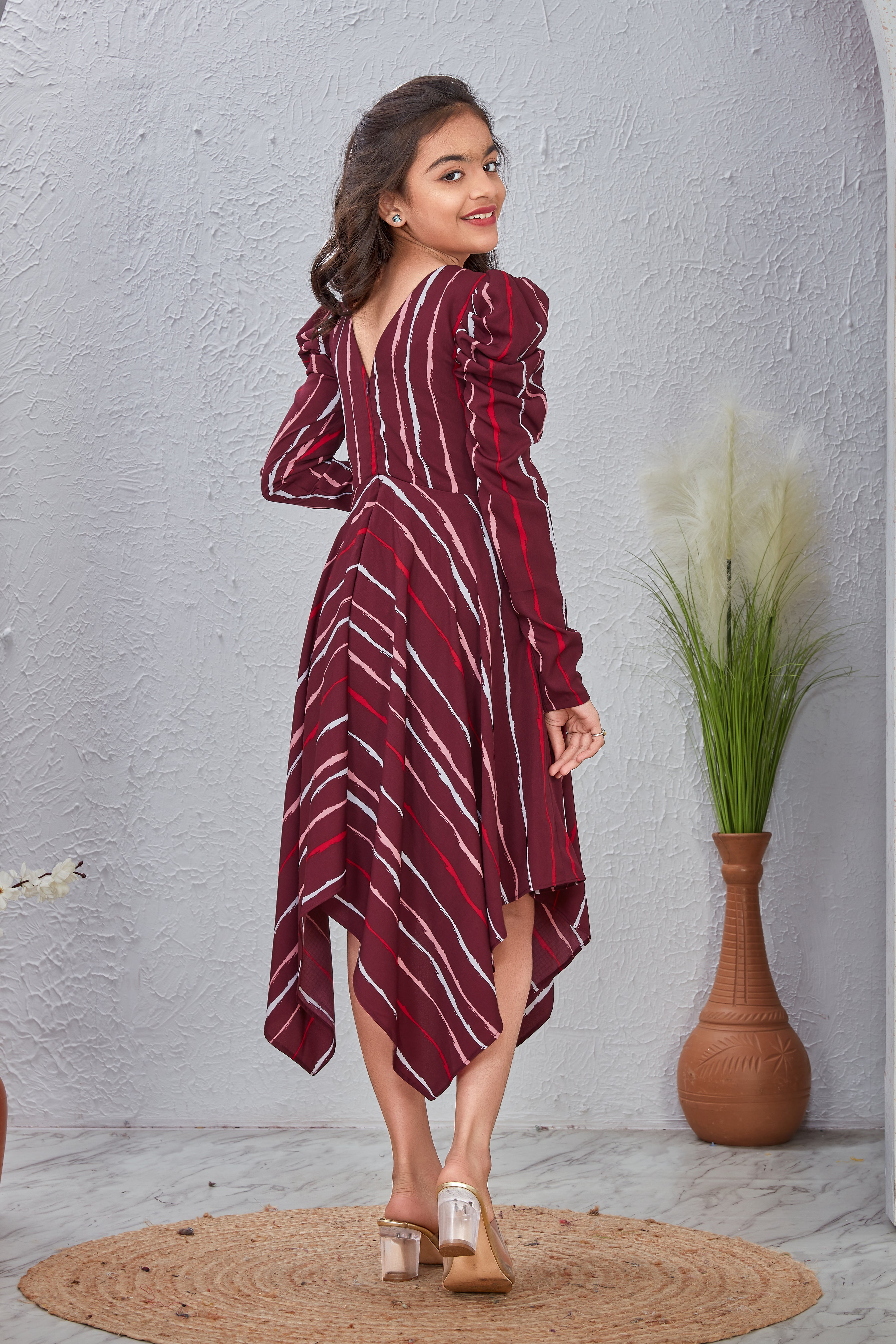 Stripy Maroon V-Neck Fit & Flare Dress