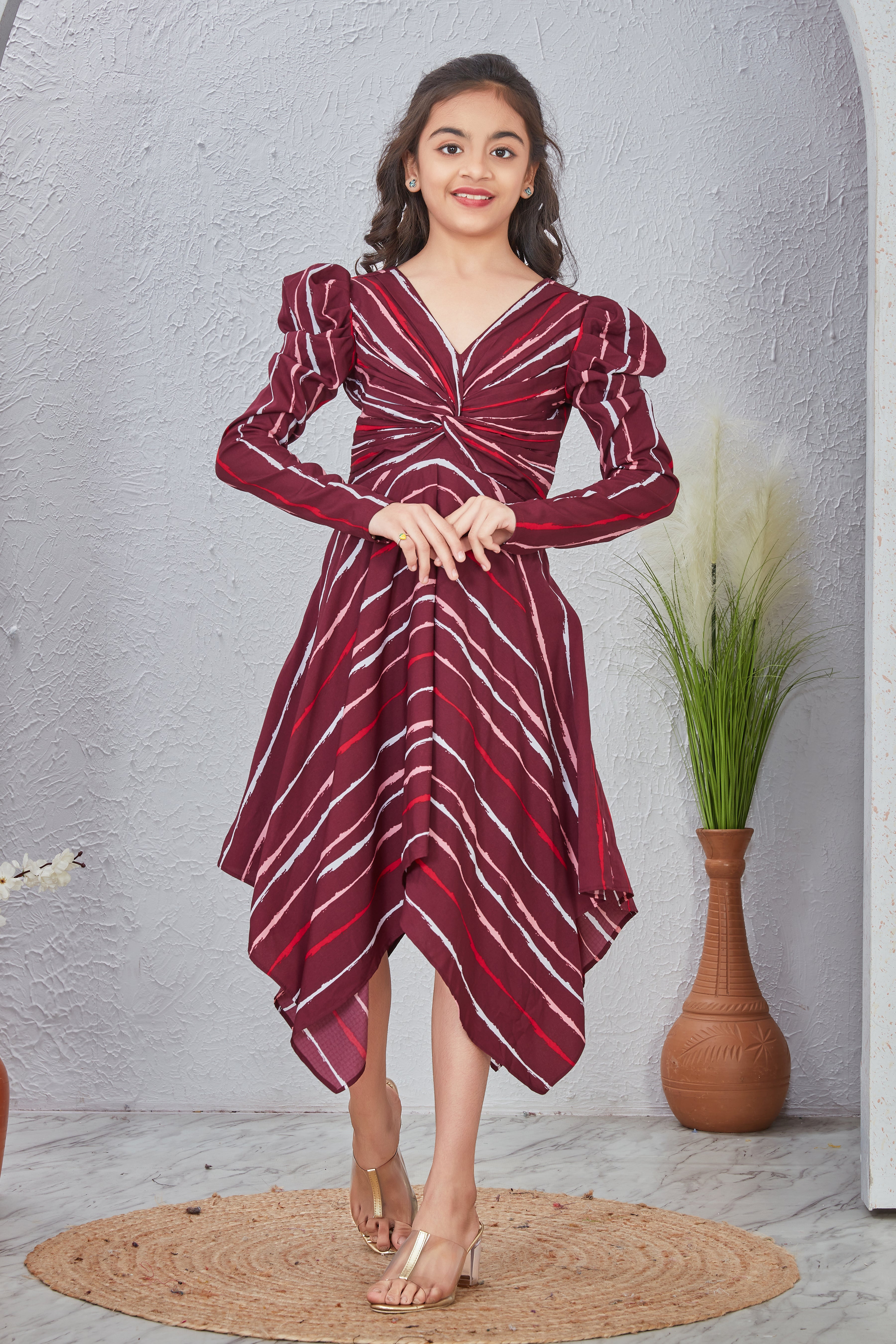 Stripy Maroon V-Neck Fit & Flare Dress