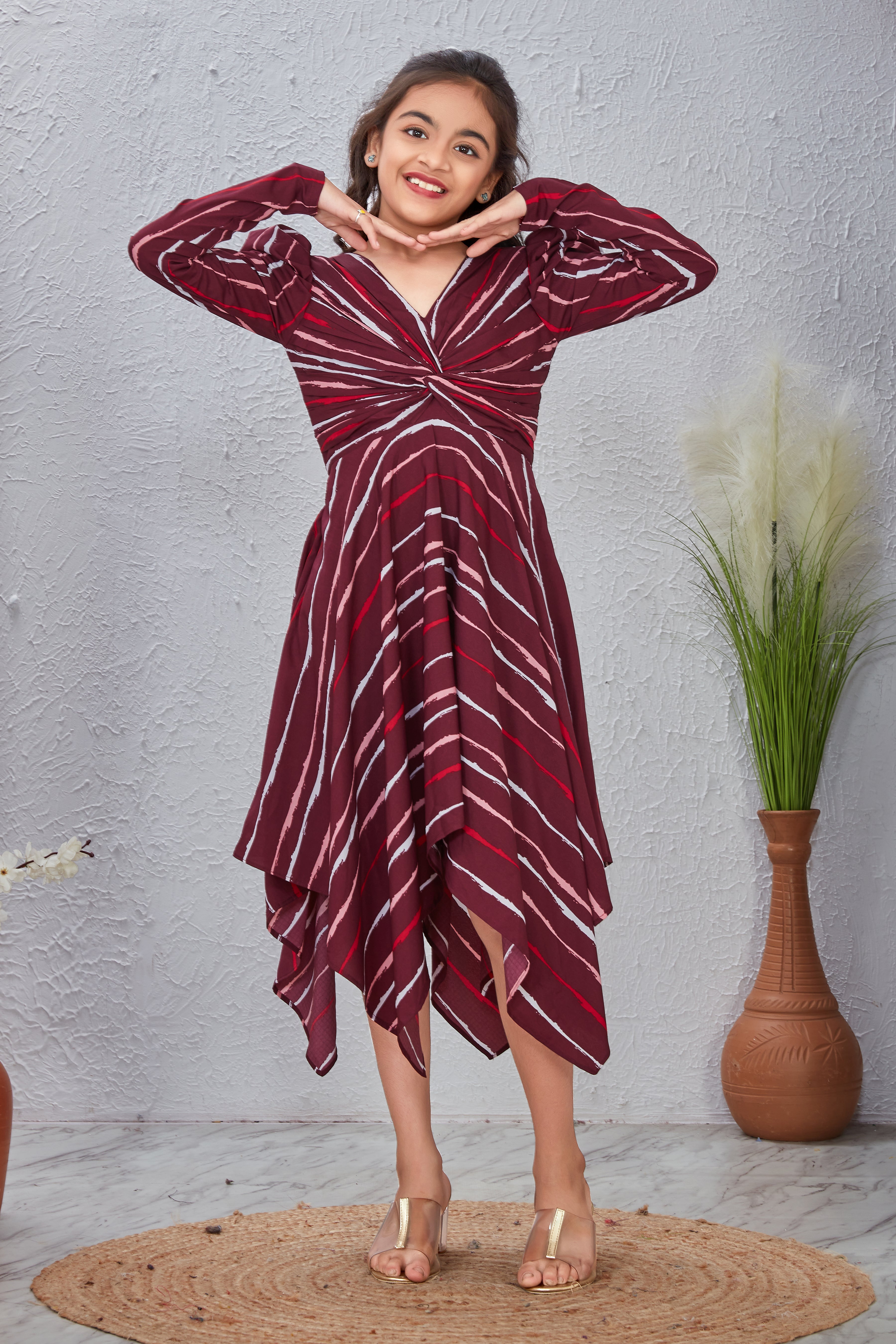 Stripy Maroon V-Neck Fit & Flare Dress