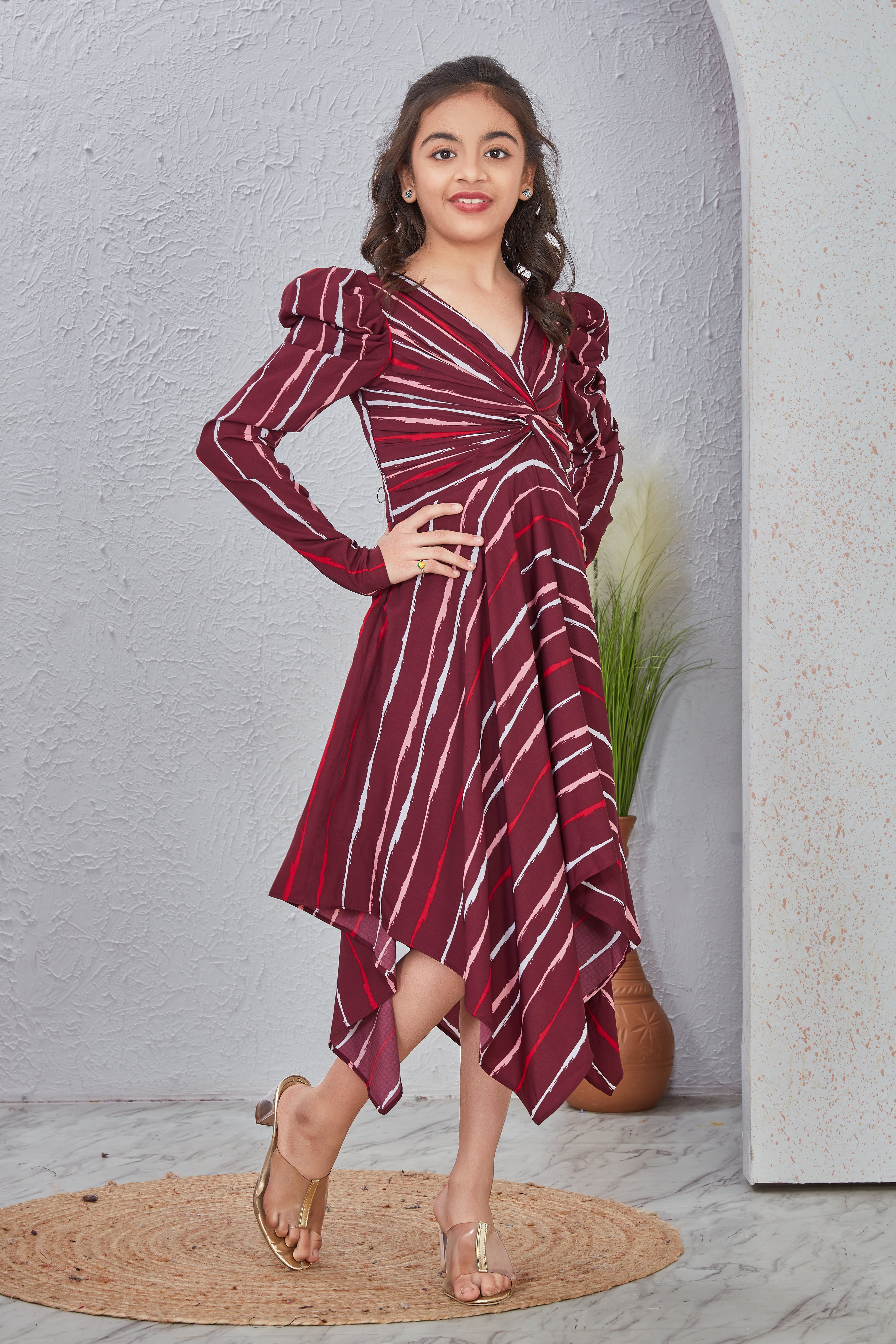 Stripy Maroon V-Neck Fit & Flare Dress