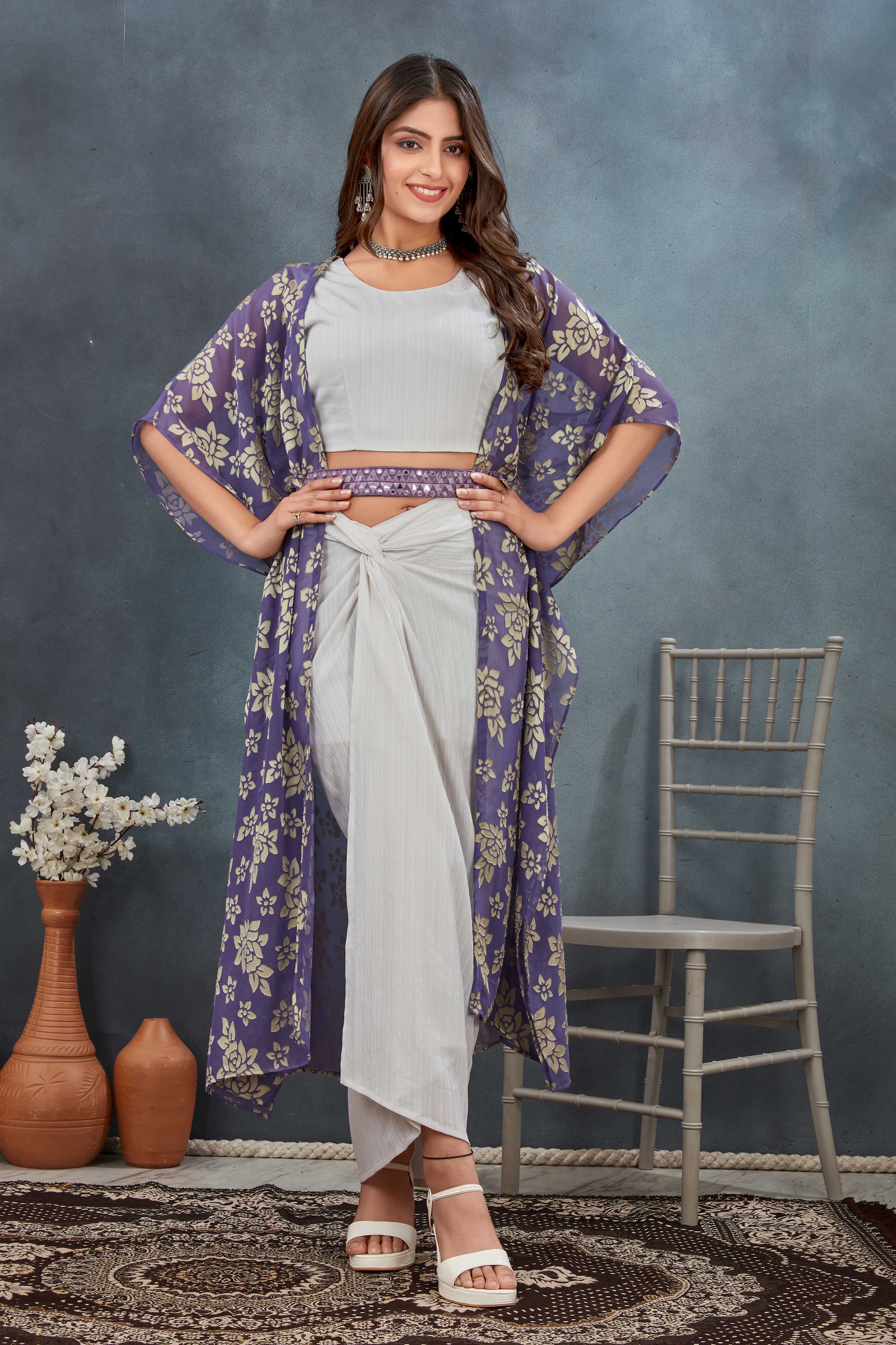 3 Piece White and Lavender Indo-Western Dress