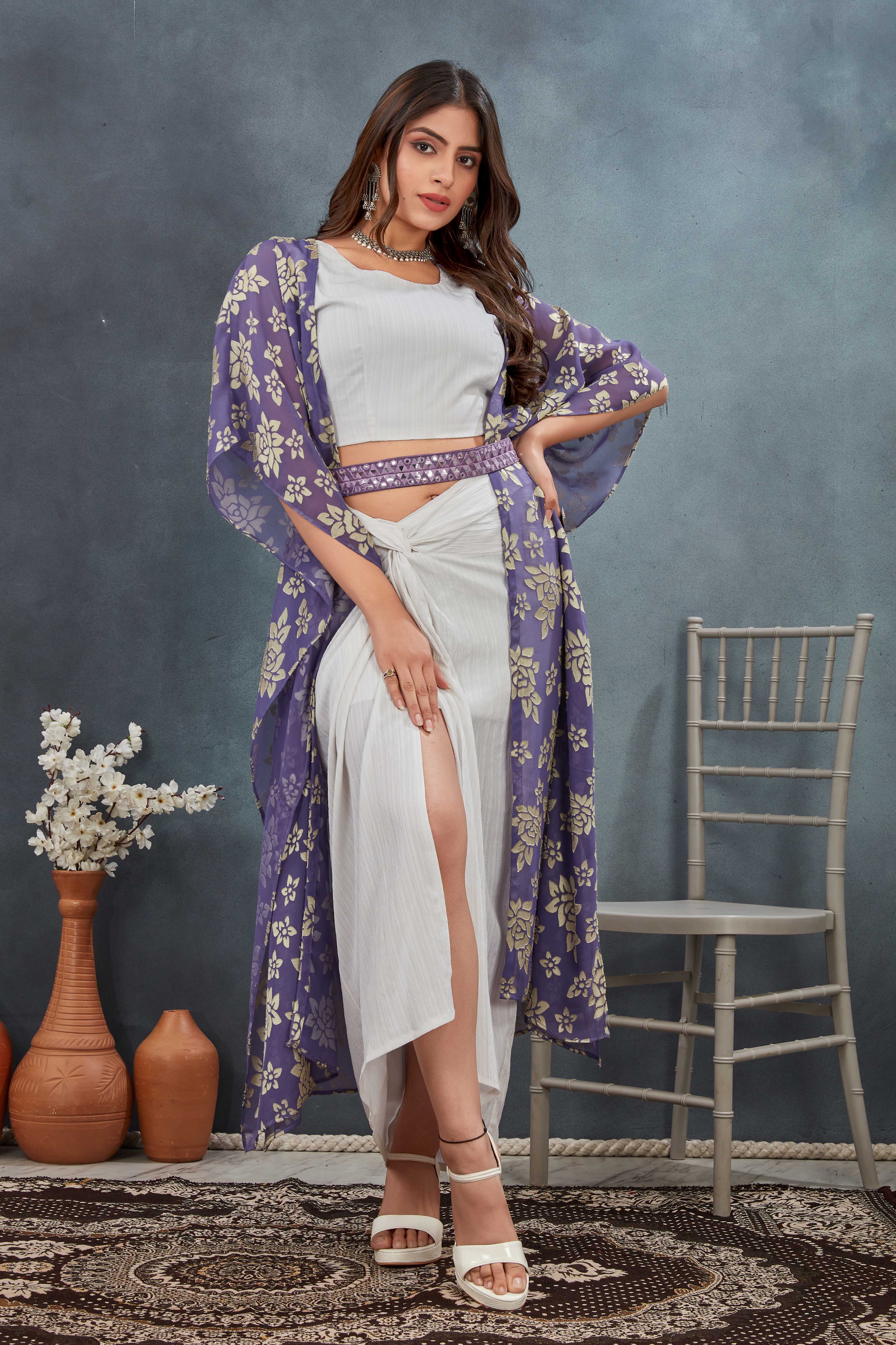 3 Piece White and Lavender Indo-Western Dress