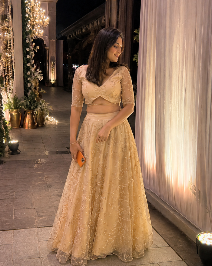 Styled by Clients – Aurelia Champagne Pearl Embroidered Lehenga Set