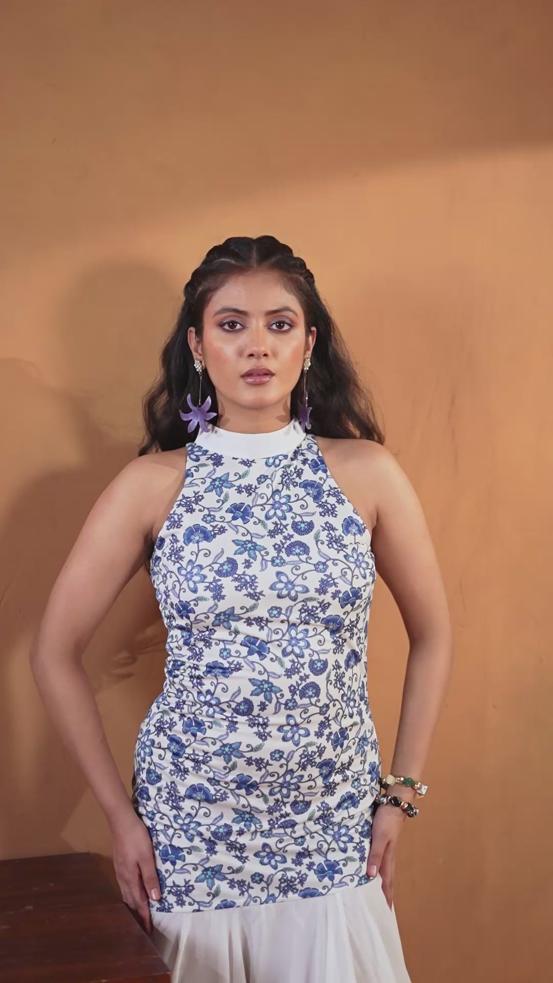 Indigo Bloom Blue Floral Halter Midi Dress with Ruffle Hem