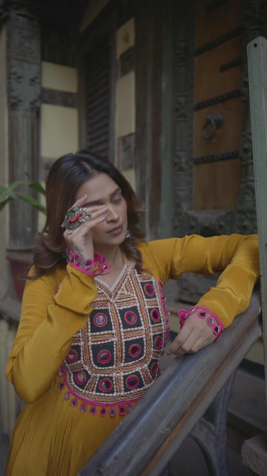Haldi Kutch Mirror Work Anarkali Dress