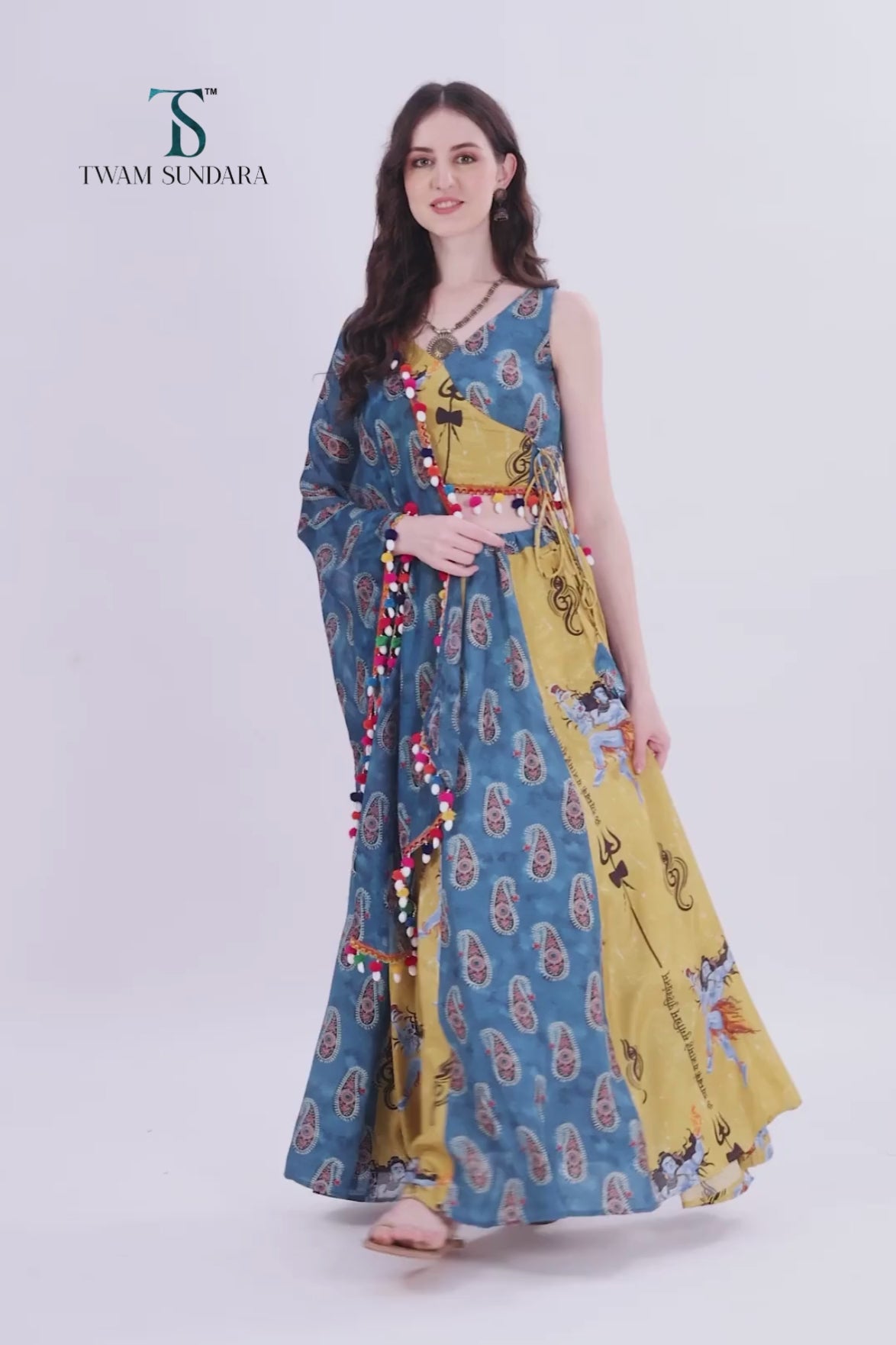 Yellow and Teal Blue Designer Chaniya Choli for Navratri - Pure Muslin