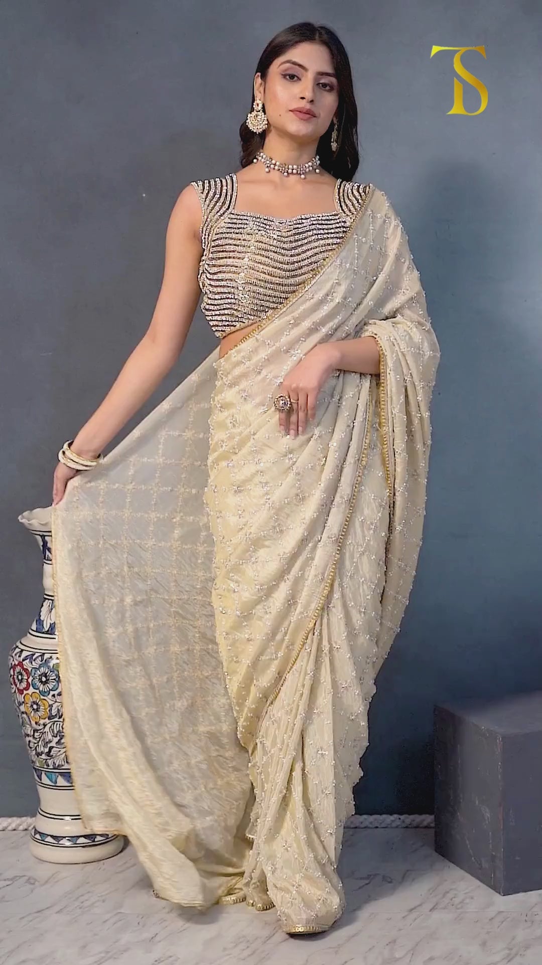 Hand Embroidered beige Saree