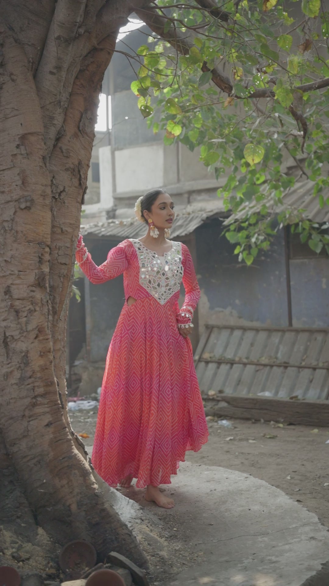 Gulnaar Bandhani Mirror Work Flare Dress
