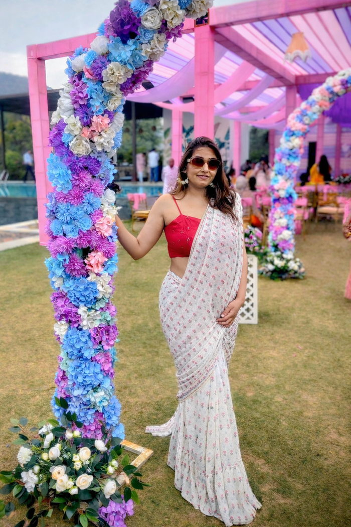 Styled by Clients – Pre Draped white and Pink Saree - Pure Georgette